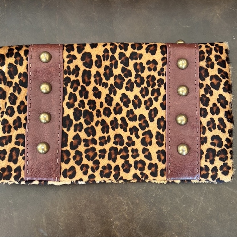 Carla Mancini 80s Studded Clutch Calf Hair Leather Leopard Print Fold Bag